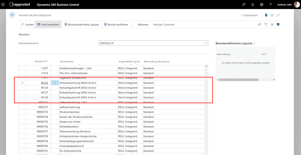 Auswahl Berichtslayout